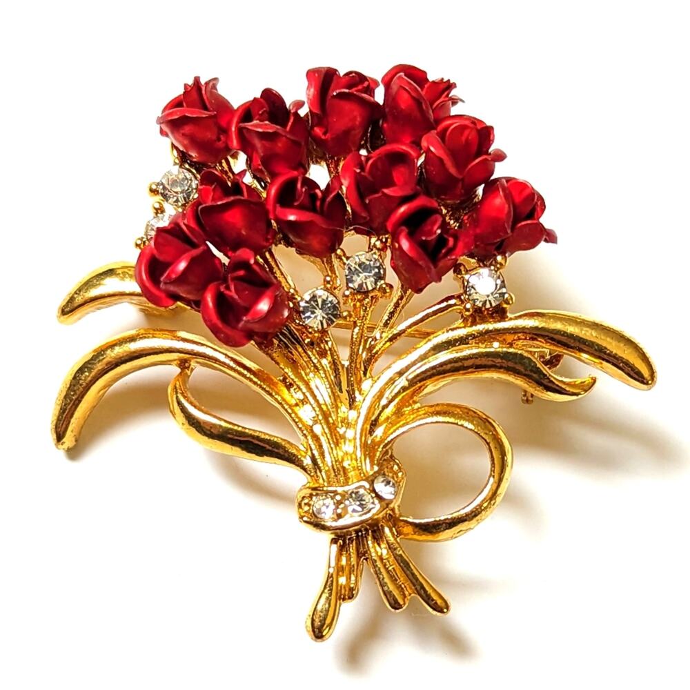 Vintage Gold Tone 1 Dozen Red Roses Rhinestones Romantic Brooch